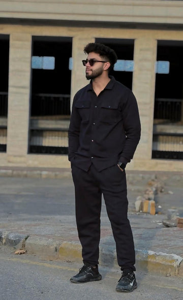 Black Double Pocket Winter Tracksuit For Mens & Boys