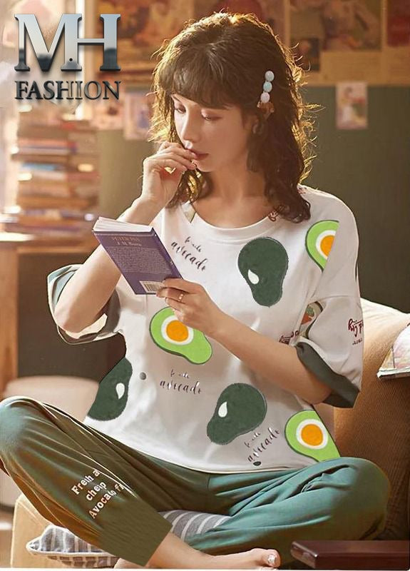 green half sleeves  printed design night suit fabric cotton jarsy