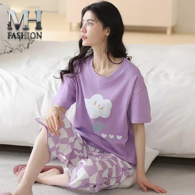 PURPLE NIGHT DRESS FLOWER PRINTED IN COTTON FABRIC