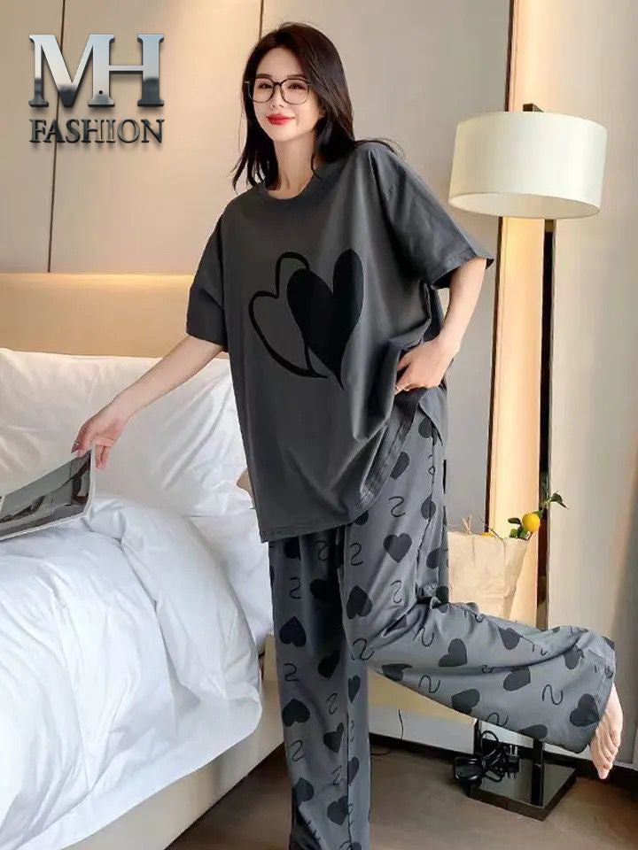 DARK GREY HEART DESIGN NIGHT DRESS IN COTTON FABRIC