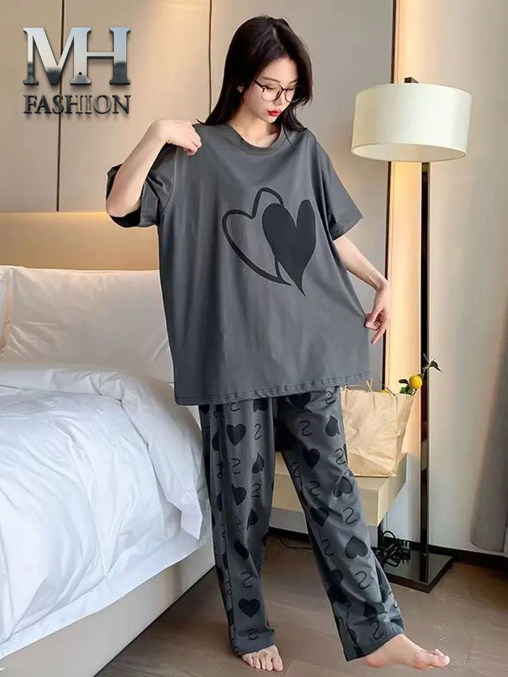 DARK GREY HEART DESIGN NIGHT DRESS IN COTTON FABRIC