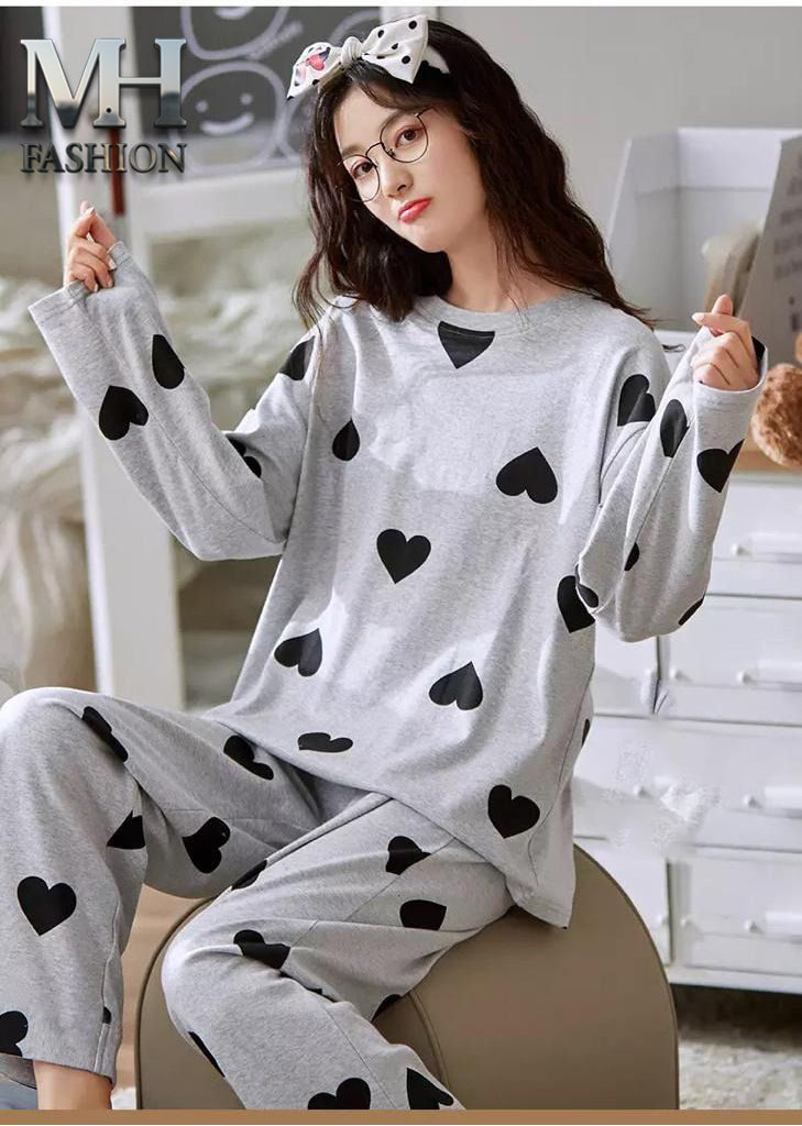 Grey heart printed design night suit fabric cotton jarsy