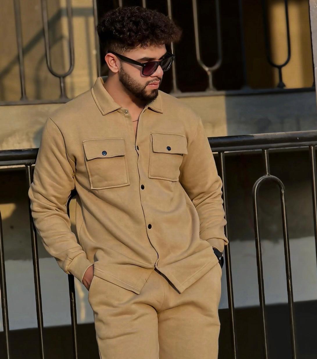 Beige Double Pocket Winter Tracksuit For Mens & Boys