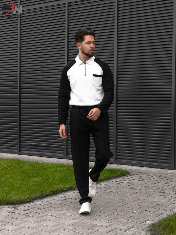 Black Zipper Pocket Panel Winter Tracksuit For Mens & Boys