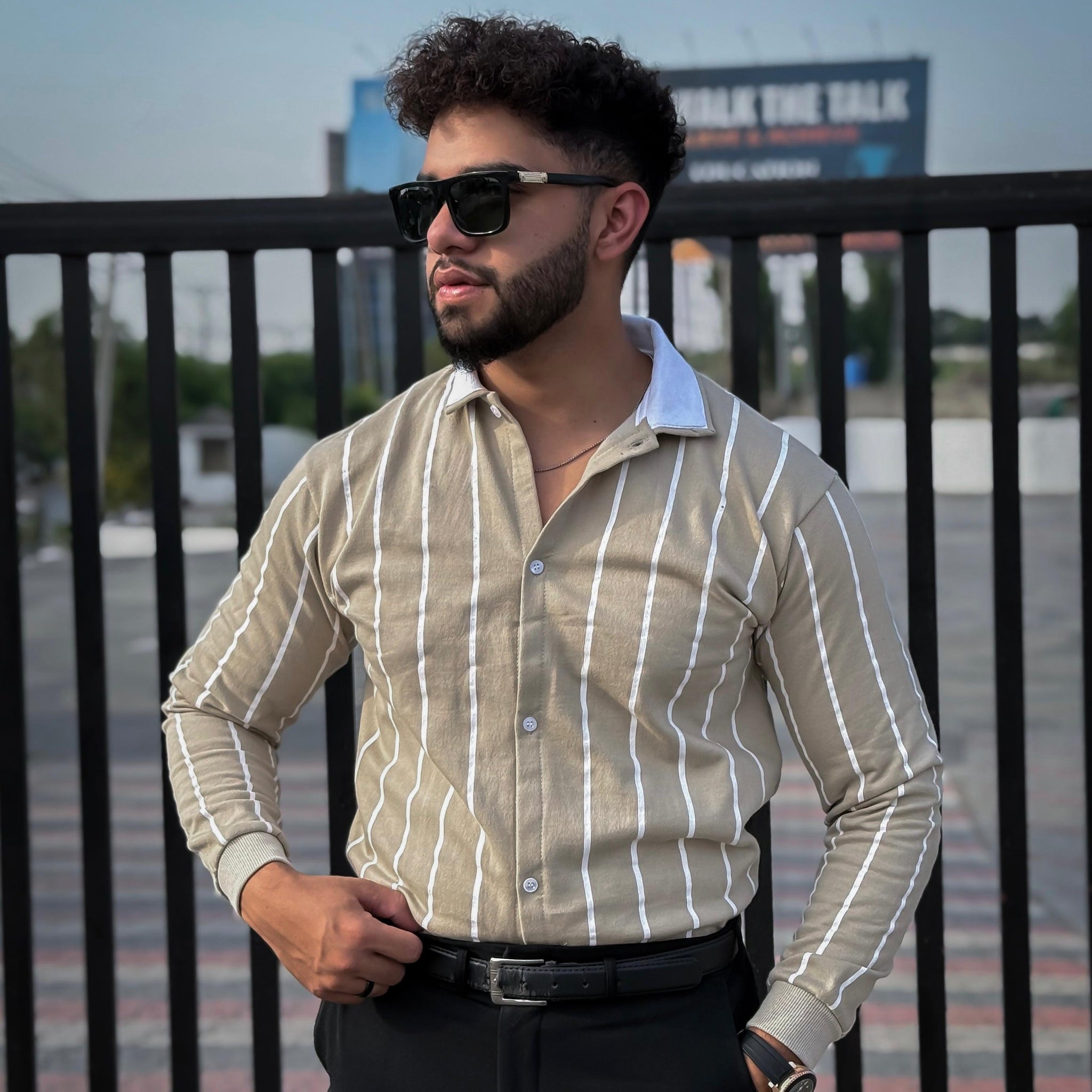 Beige Button Down Stripe Sweatshirt For men’s and boys