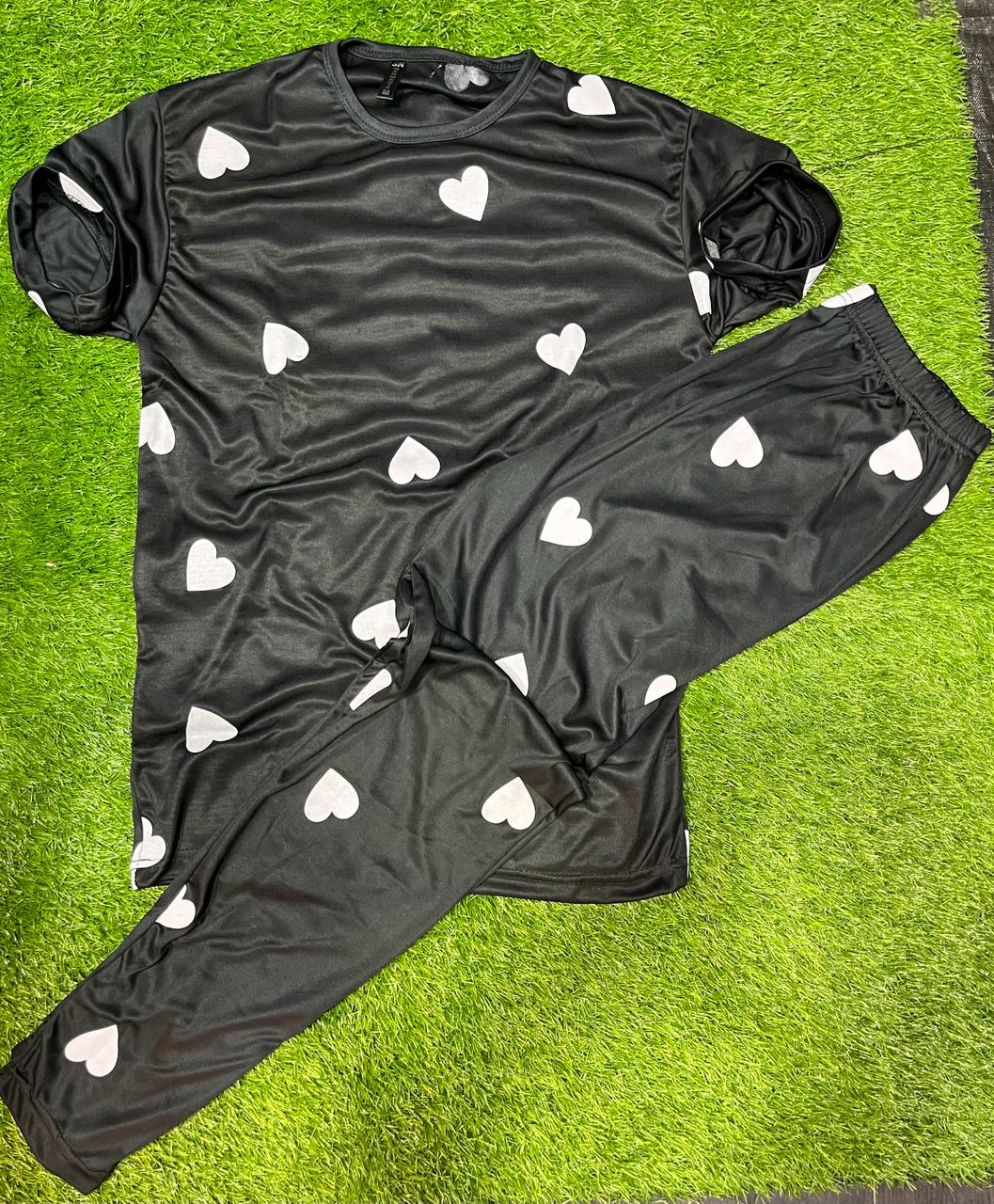 black color nightsuit white heart printed in premium fabric f