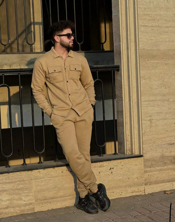 Beige Double Pocket Winter Tracksuit For Mens & Boys