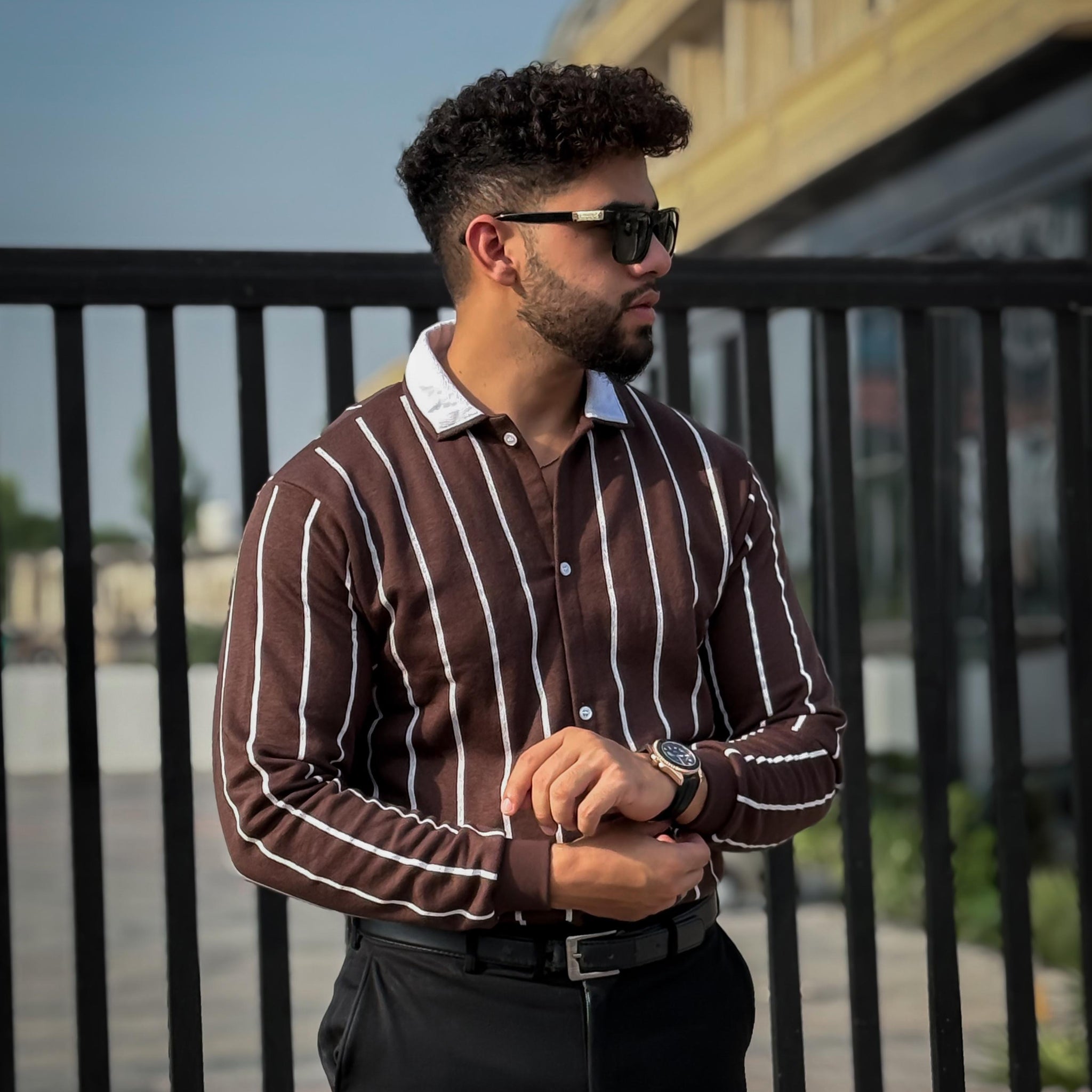 Brown Button Down Stipe Sweatshirt For Men and boys