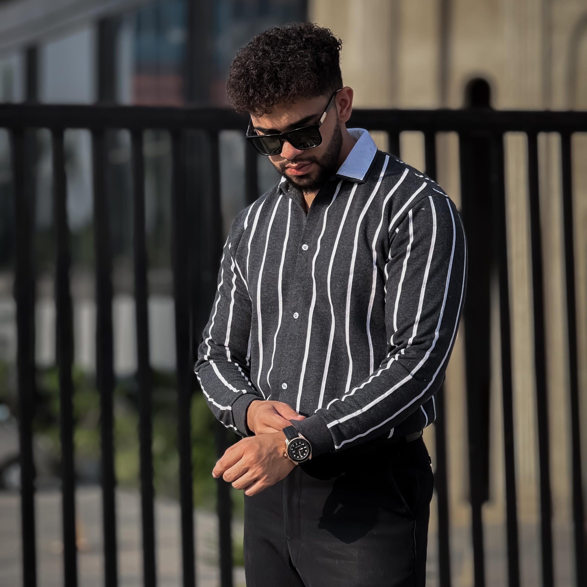 Gray Button Down Stripe Sweatshirt For Men and boys