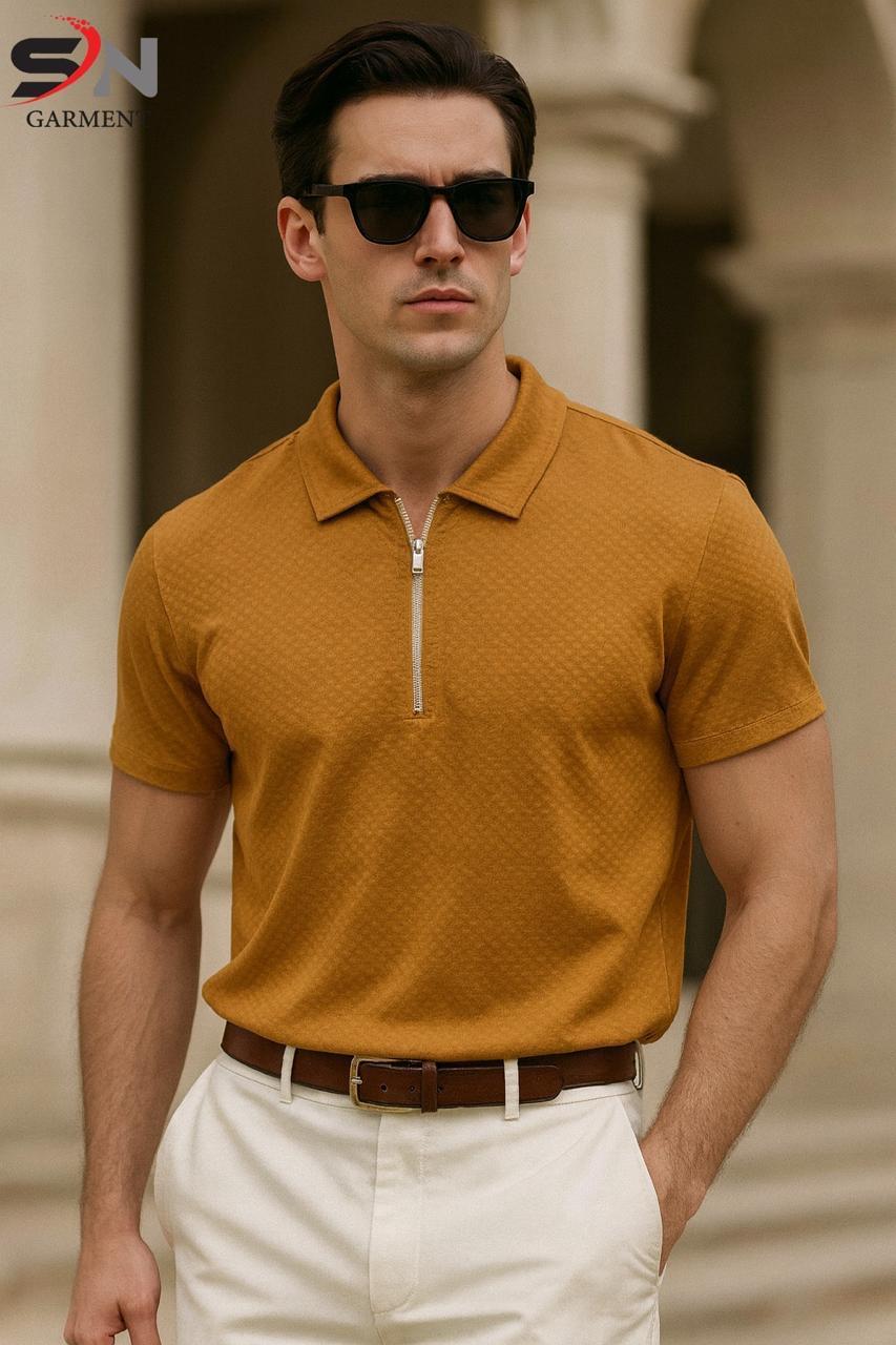 Mustard Zipper Texture Polo For Mens & Boys